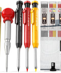 Slick Mechanical Carpenter Pencils Kit With Heavy Duty Construction Marking Tools And Woodworking Drafting Supplies Including A Center Punch And Carbide Scribe For Daily Shop Floor Grind, featuring 3 colored pencils, a sharpener, refills, and a center punch.