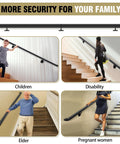Heavy Duty Black Pipe Stair Handrail For Indoor And Outdoor Steps Aluminum Metal Railing with Wall Return, featured in use by children, elderly, disabled, and pregnant women.