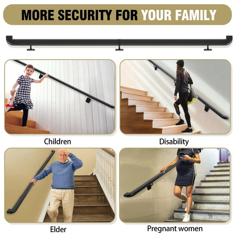 Heavy Duty Black Pipe Stair Handrail For Indoor And Outdoor Steps Aluminum Metal Railing with Wall Return, featured in use by children, elderly, disabled, and pregnant women.