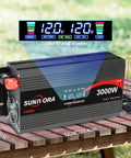 Dead Simple 3000 Watt Power Inverter With 6000 Peak Surge, LCD display on a sturdy unit mounted on a wooden table.