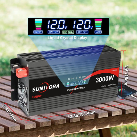 Dead Simple 3000 Watt Power Inverter With 6000 Peak Surge, LCD display on a sturdy unit mounted on a wooden table.