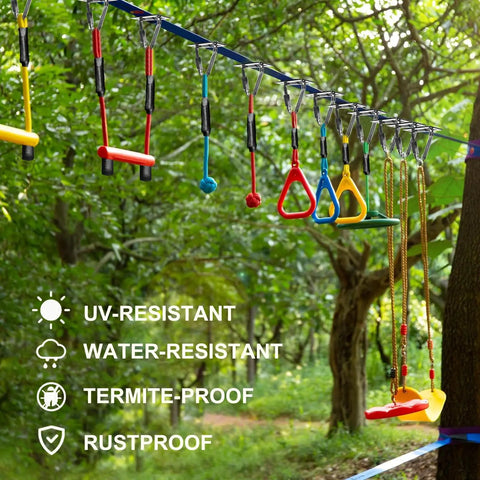 Backyard Kids Slackline Obstacle Course Kit With 65Ft Line And 13 Obstacles hanging in forest with quick-install buckles