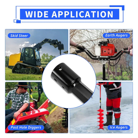 Heavy Duty Auger Adapter Coupler Converts 2 Inch Female Round To Male Hex Shaft Bit Screw For Skid Steer Tractor Digger Power Head in use with different equipment.