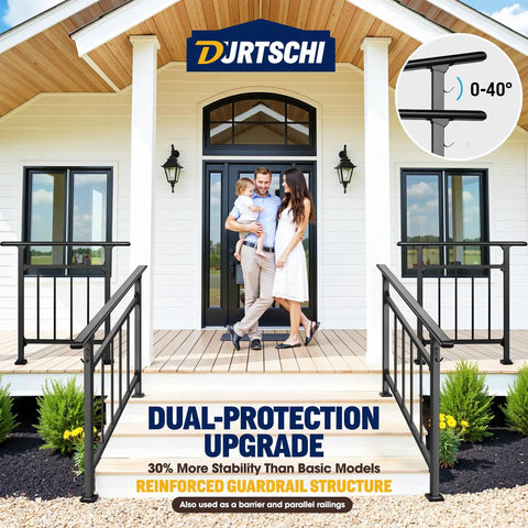 Kick Your Porch Game Up With Solid Wrought Iron Handrails For Outdoor Steps Featuring Secure Side Fence And Easy Install Kit Heavy Duty Black Exterior Railing For Concrete Or Wood Stairs installed on porch steps with family.