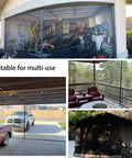 Magnetic Garage Door Screen For One Car 9x8 Feet installed in garages showing hands-free entry, fiberglass mesh, and seasonal storage use.