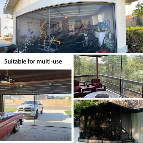 Magnetic Garage Door Screen For One Car 9x8 Feet installed in garages showing hands-free entry, fiberglass mesh, and seasonal storage use.
