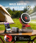 Cordless 5 Inch Jobsite Fan For Milwaukee 18V Battery with USB charging on camping table next to phone and tent