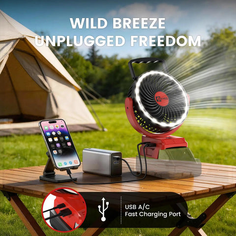 5IN Jobsite Fan Compatible With Milwaukee 18V Battery Brushless Motor USB Fast Charging LED in camping setting