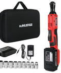 Cordless Ratchet Wrench Three Eighths Inch Delivers 44.25 Foot Pounds Of Torque At 380 RPM with accessories and case