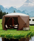 Hexagonal Six Sided Pop Up Gazebo Tent With Easy One Push Setup Mesh Panels And Removable Wind Cloths in scenic outdoor setting