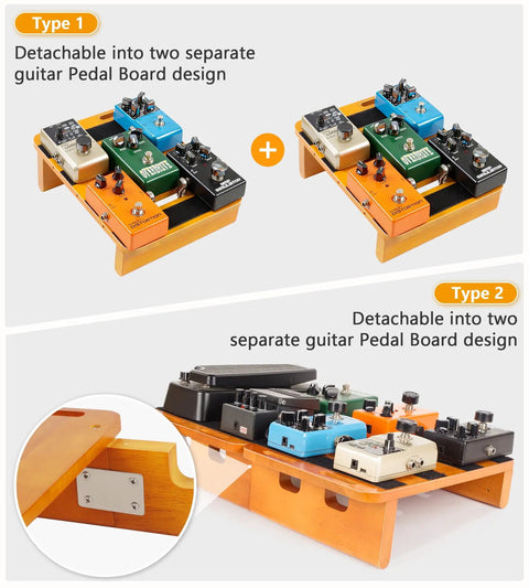 Two In One Wooden Guitar Pedal Board Set With Detachable Design Pine Wood Build 17.3 Inch Big Capacity For 5 To 8 Effects