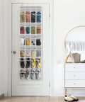 24 Pocket Crystal Clear Over The Door Shoe Organizer Gray 64 Inches High 19 Inches Wide Easy Hang displayed on door