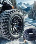 Heavy Duty Air Hose 3/8 In 50 Foot Run Built Tough As Nails Zero Hassle Kink Free Hybrid Rubber Pvc Line lying on snow near a rugged truck tire.