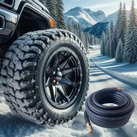 Heavy Duty Air Hose 3/8 In 50 Foot Run Built Tough As Nails Zero Hassle Kink Free Hybrid Rubber Pvc Line lying on snow near a rugged truck tire.