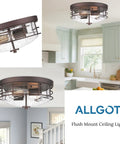 Oil Rubbed Bronze 2 Light Flush Mount Ceiling Light With Seeded Glass Industrial fixture in kitchen and hallway setting