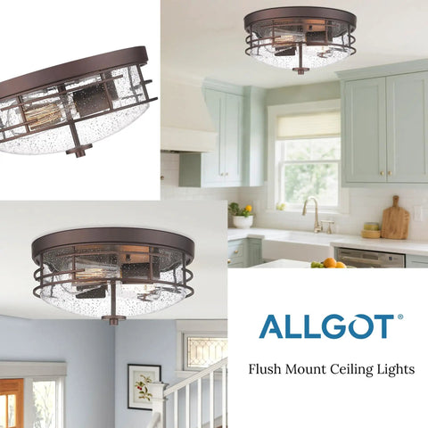 Oil Rubbed Bronze 2 Light Flush Mount Ceiling Light With Seeded Glass Industrial fixture in kitchen and hallway setting