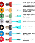 PWACCS pressure washer nozzle tip kit with 7 color-coded spray tips (0°,15°,25°,45°,60°) and rinse/soap tips