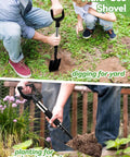 Man using Heavy Duty Garden Shovel With D-Handle, 31-Inch Steel Spade for yard digging and planting in garden bed.