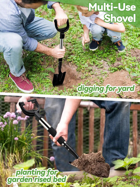 Man using Heavy Duty Garden Shovel With D-Handle, 31-Inch Steel Spade for yard digging and planting in garden bed.