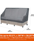 Beefy Weatherproof Outdoor Loveseat Cover for 82.5 Inch Wide Sofa shown in gray covering a couch with dimensions indicated