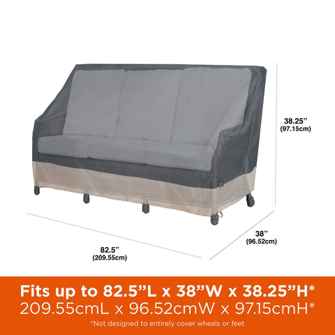 Beefy Weatherproof Outdoor Loveseat Cover for 82.5 Inch Wide Sofa shown in gray covering a couch with dimensions indicated