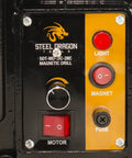 Control panel of Heavy Duty Magnetic Drill Press With Rack And Pinion Control For Smooth Metal Work Loaded With Seven Piece HSS Annular Cutter Kit.