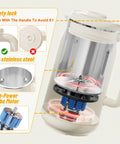 Internal view of 10 In 1 Automatic Nut Milk Maker With 42 Oz Capacity For Almond Soy Oat And Plant Based Milks And Juices Dairy Free Beverages With LED Panel Delay Start Keep Warm And Self Clean, showing safety lock and turbo motor.