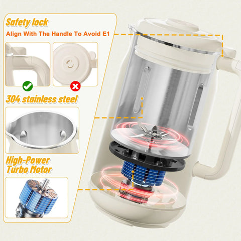 Internal view of 10 In 1 Automatic Nut Milk Maker With 42 Oz Capacity For Almond Soy Oat And Plant Based Milks And Juices Dairy Free Beverages With LED Panel Delay Start Keep Warm And Self Clean, showing safety lock and turbo motor.