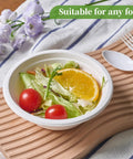 Heavy Duty 12 Oz Disposable Paper Bowls, 150 Pack, Biodegradable Compostable Sugarcane Bagasse with salad, eco-friendly setup