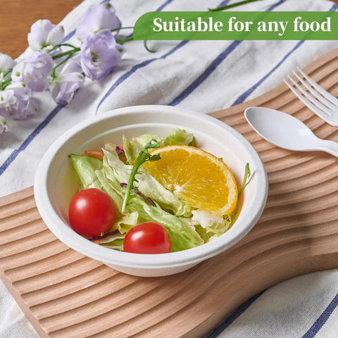 Heavy Duty 12 Oz Disposable Paper Bowls, 150 Pack, Biodegradable Compostable Sugarcane Bagasse with salad, eco-friendly setup