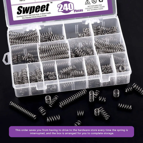 240 Piece Stainless Steel Compression Springs Kit In 15 Sizes For Home And Workshop Repairs in transparent box
