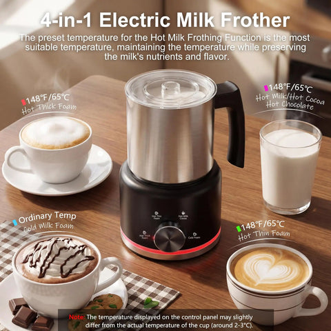 Electric Milk Frother And Steamer 16.9 Oz Four In One Silent And Durable Dishwasher Safe Foam Maker with various drinks.