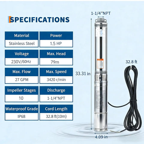 Heavy Duty 4 Inch Stainless Deep Well Submersible Pump 1.5HP 230V 60Hz, 27GPM Flow, 259 ft Head, Includes 33 ft Cord and Check Valve