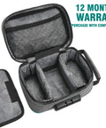 Open Smell Proof Lock Box With Combination Lock For Discreet Storage, showcasing interior dividers, 300D polyester material, warranty details.