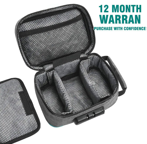 Open Smell Proof Lock Box With Combination Lock For Discreet Storage, showcasing interior dividers, 300D polyester material, warranty details.