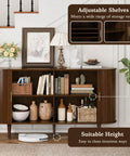 Mid Century Modern Sideboard Buffet Cabinet with tambour sliding doors, fluted accent, walnut finish, adjustable shelves in living room