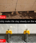 Before and after use of Tile Leveling System Kit with Portable Lifting Tool for walls, adjustable height 5-90mm.