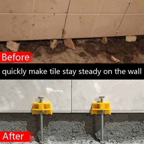 Before and after use of Tile Leveling System Kit with Portable Lifting Tool for walls, adjustable height 5-90mm.