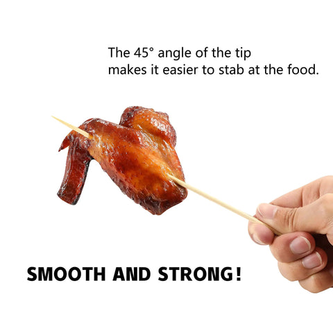 Hand holding 200 Pack Bamboo Skewers 12 Inch Wooden Kabob Sticks for Appetizers and Grilling with chicken wing