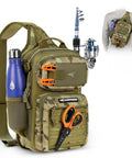 BlowBak Tactical Sling Tackle Bag Lightweight Fishing Backpack with gear organizer for anglers in khaki camo, 14x8x6 in.