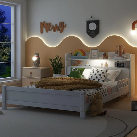 Solid Pine Wood Full Bed With Built In Bookcase Headboard LED Motion Sensor Night Light White Finish And Flexible Guardrails For Safe Sleep Perfect For Kids And Guest Rooms in cozy bedroom setting.