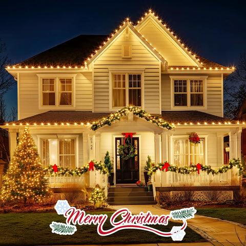 House adorned with Vintage Clear C9 Christmas String Lights 100 Ft Outdoor Waterproof Lights With 100 Glass Bulbs On Green Wire