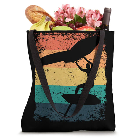 Retro Wing Foil Tote Bag For Wingsurfing Enthusiasts A Colorful Vintage Wingboard Carrier with groceries and floral design