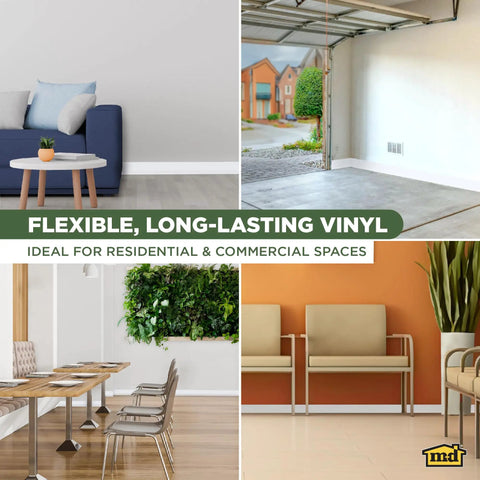 Collage showcasing versatile uses of 4 Inch Wide Dry Back Vinyl Wall Base Roll With Flexible Toe Kick No Fuss Easy Install Molding