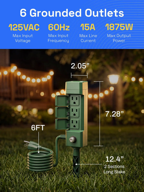 Top Notch Six Outlet Outdoor Smart Power Stake Timer Offering Slick Wifi Setup And No Fuss Voice Control Synced With Alexa And Google Home For Plug And Play Yard Automation And Garden Light Scheduling with six grounded outlets and green stake.