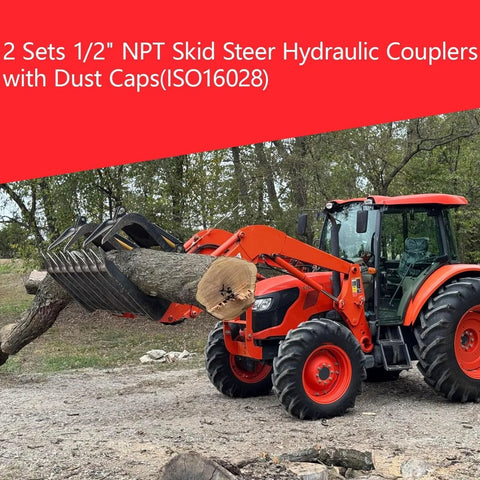 Side view of orange skid-steer loader with metal log grapple lifting a tree trunk outdoors