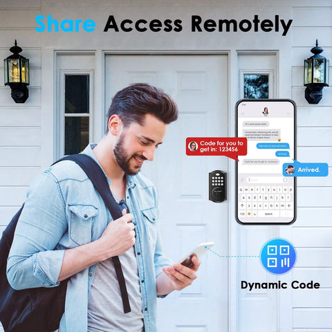 Man using phone to control Easy Install Keyless Entry Door Lock With Bluetooth App Control, shows dynamic code access