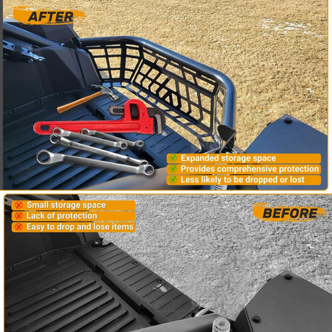 Comparison of Heavy Duty Steel Cargo Barricade Tailgate compatible with 2020 to 2025 Kawasaki Teryx KRX 1000, showing expanded storage.