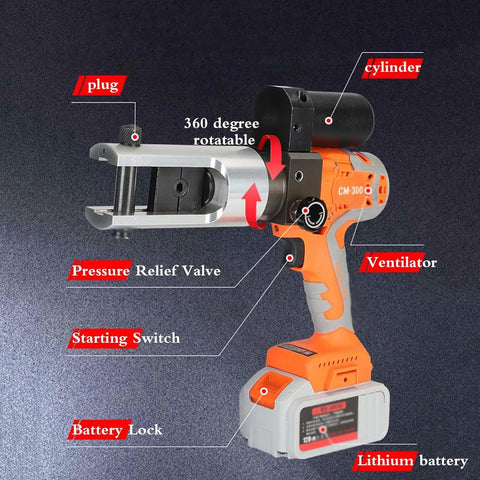 Close-up view of UWYTGF Cordless Battery Powered Electric Hydraulic Plier Crimping Tool showing controls and battery.