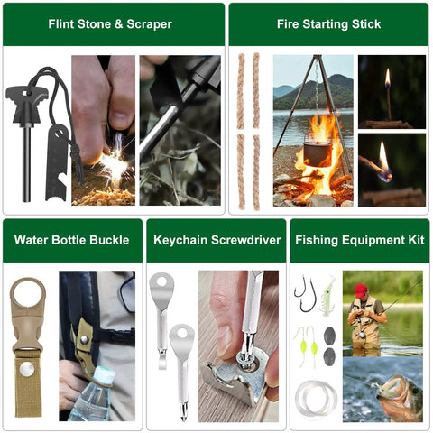 Flint stone, fire stick, tools from Dope 28 In 1 Survival Kit For Outdoor Lovers It Does It All Emergency Gear